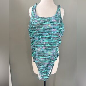 Speedo Teal, Purple and Black Abstract One-Piece